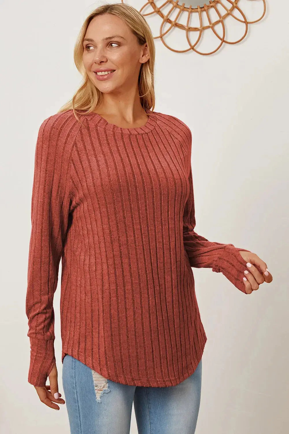 Basic Bae Full Size Ribbed Thumbhole Sleeve T-Shirt - Love Salve